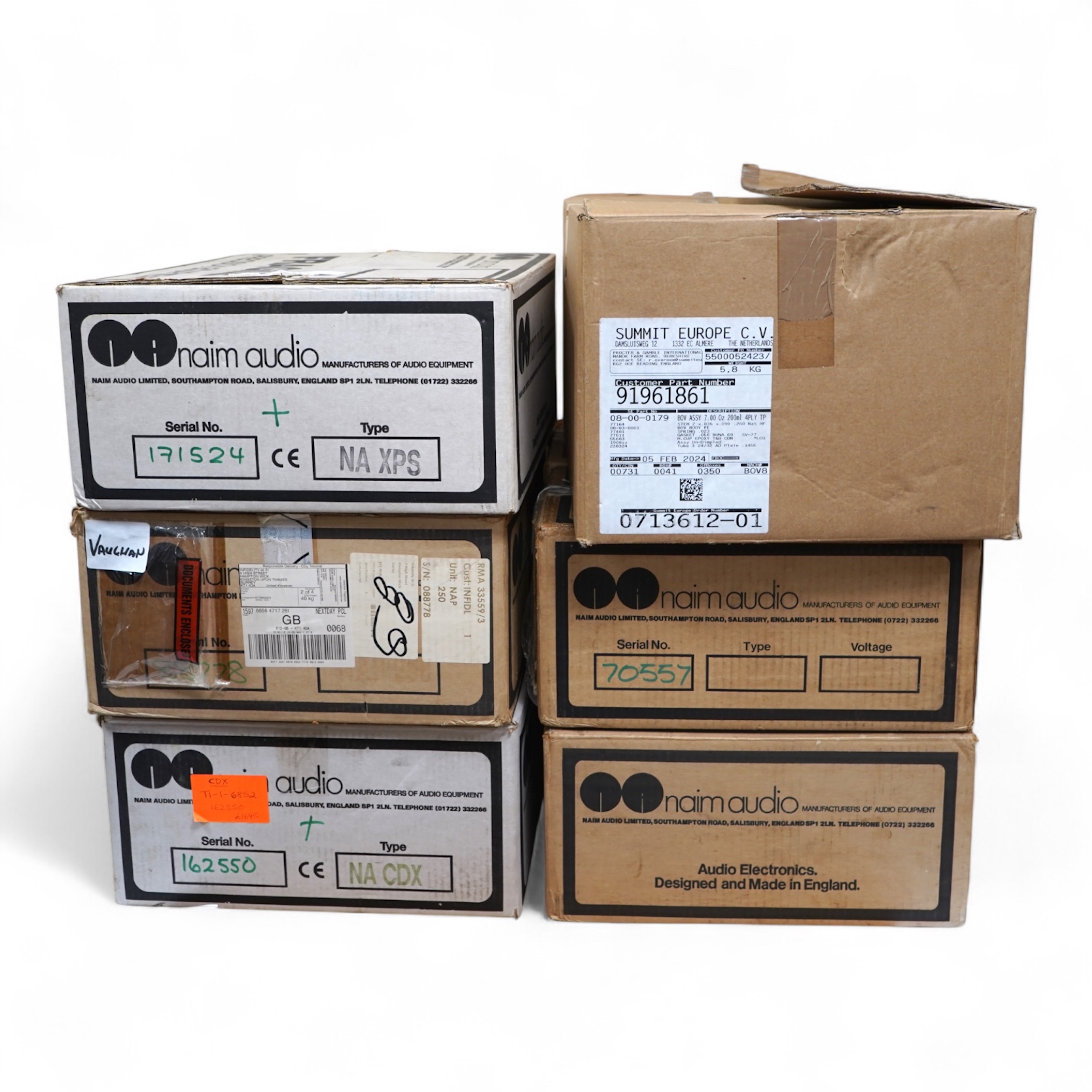 Seven Naim Audio hi-fi separates in original card boxes; a Niam HiCap DR power supply unit, serial number 70557, a Niam NAP 250 power amplifier, serial number 88778, a Niam NAT 02 FM Tuner, serial number 75339, a Niam NA